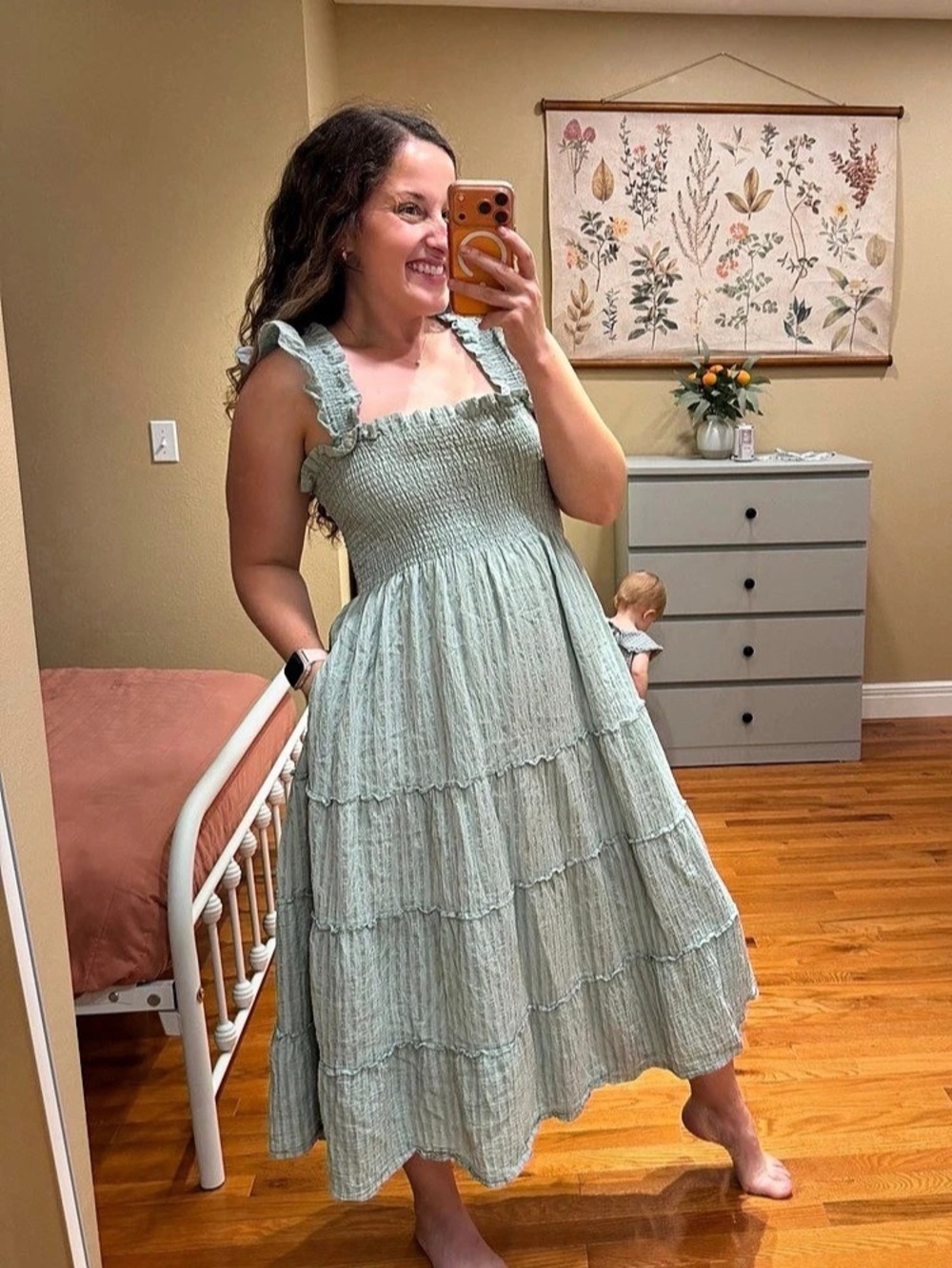 Hill House Home The Ellie Nap Dress Tiered Midi Dress in Light Green Size Large